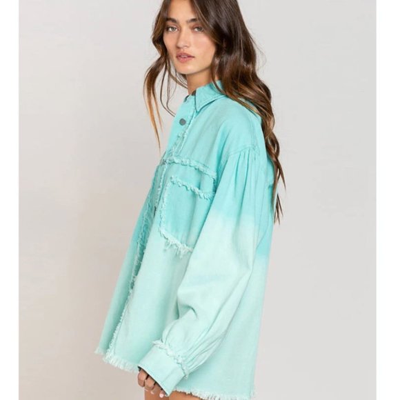 POL Blue Teal Beachy Ocean Gradient Denim Jacket Shacket with Distressed Finish - Picture 2 of 3